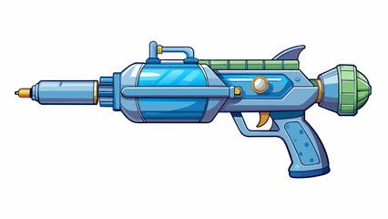 Poster - This futuristic water gun has a sleek metallic appearance with LED lights that illuminate as it is used. It has a refillable water tank and a rotating. Cartoon Vector.