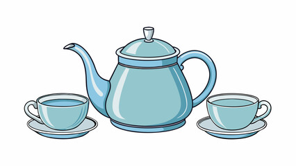 Aufkleber - This modern tea set has a sleek and minimalist design with a silver teapot and matching cups and saucers. The teapot has a long pointed spout and a. Cartoon Vector.