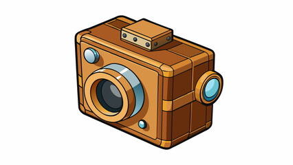 Poster - This toy camera has a retro feel with a wooden body and a black faux leather grip. Its lens is a large square shape and can be twisted to zoom in and. Cartoon Vector.