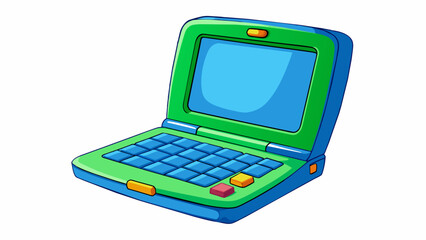 Poster - This toy laptop is made of durable plastic and has a vibrant blue and green color scheme. Its screen displays fun animations and has a pretend camera. Cartoon Vector.