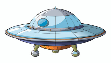 Aufkleber - This spaceship had a sleek metallic exterior with a shiny coating that glimmered in the sunlight. The base was large and round with four thin legs. Cartoon Vector.