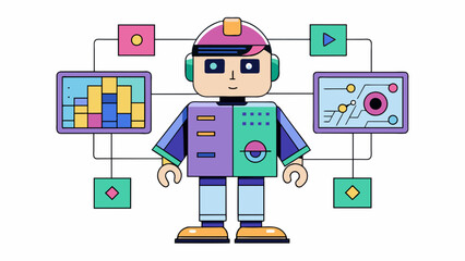 Poster - This virtual avatar has the appearance of a human but with a pixelated glitchy effect. Its eyes are constantly changing colors and its virtual body is. Cartoon Vector.