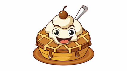 Poster - Topped with a scoop of vanilla ice cream and smothered in warm chocolate syrup Waffle is a decadent dessert that satisfies any sweet tooth.  on. Cartoon Vector.