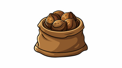 Fototapete - Three small round nuts with a dark mottled shell tucked inside a burlap bag. The shells are smooth but slightly rough to the touch and they have a. Cartoon Vector.