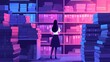 A woman standing amidst tall stacks of books in a library or bookstore, surrounded by a variety of genres