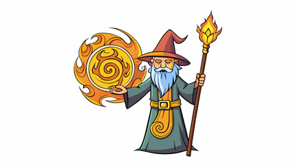 Poster - With a flick of his wrist the wizard conjured a swirling vortex of flames that danced in the air before him. His staff carved with intricate runes. Cartoon Vector.