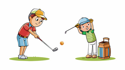 Wall Mural - With a smooth swing the golfer strikes the ball sending it soaring through the air. The distinctive ping sound of the club hitting the ball echoes. Cartoon Vector.