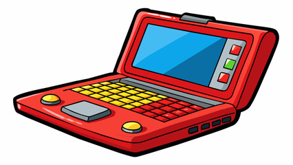 Fototapete - With a red and black color scheme the toy laptop looks like a mini version of a professional gaming laptop. It has a builtin joystick on one side and. Cartoon Vector.