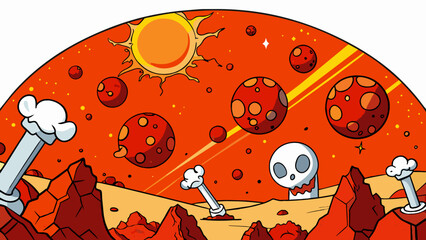 Fototapete -  The sky is a constant deep red and the temperature is scorching hot during the day and bonechilling at night. Rocks and boulders dot the surface. Cartoon Vector.