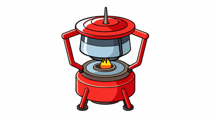 Poster - With its bright red exterior the backpacking stove stands out against the natural backdrop of the forest. It is designed to be windproof with a. Cartoon Vector.