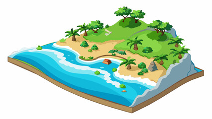 Poster -  The coastlines are lined with white sandy beaches and lush green forests and the air is filled with the sound of crashing waves and the chirping of. Cartoon Vector.