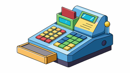 Fototapete - With its realistic design this toy cash register is perfect for little ones who love to play store. It has a working calculator for calculating prices. Cartoon Vector.