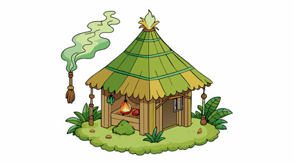 Poster - Within the depths of a forest a small hut stands seemingly untouched by time. The roof is adorned with hanging herbs and dried animal bones and wisps. Cartoon Vector.
