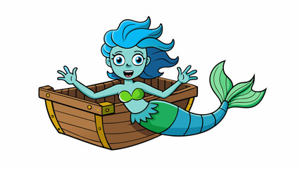 Poster - With webbed fingers and scintillating bluegreen skin a mermaid gracefully glides through a sunken ship searching for hidden treasures a the wreckage.. Cartoon Vector.