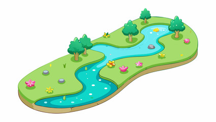 Poster - A babbling brook that seems to sing as it winds through the forest its water a vibrant shade of turquoise and dotted with bright glowing flowers. . Cartoon Vector.