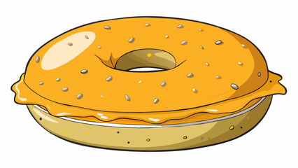 Poster - A bagel sliced in half revealing its soft fluffy interior with strands of melted cheddar cheese oozing out.  on white background . Cartoon Vector.
