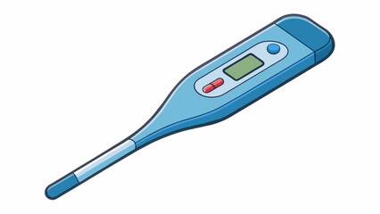 Fototapete - A basic forehead thermometer with a plastic probe and an LCD screen display. The probe is p on the forehead and the temperature is quickly read and. Cartoon Vector.