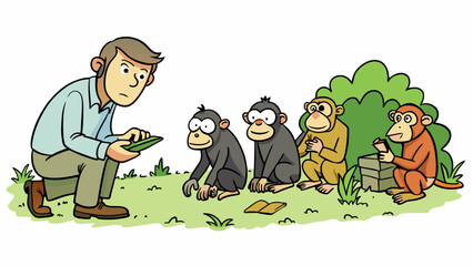 Aufkleber - A biologist is kneeling on the forest floor intently watching a group of primate species as they forage for food. The biologist is taking detailed. Cartoon Vector.