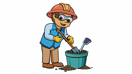 Fototapete - A biologist is shoveling dirt into a large plastic bucket sifting through it with a small hand trowel. They are searching for small insects and other. Cartoon Vector.