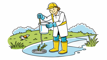 Sticker - A biologist is standing kneedeep in a stream carefully collecting water samples in a glass jar. The jar is labeled with the date and location and the. Cartoon Vector.