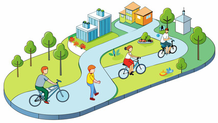 Fototapete - A bikefriendly city with a network of winding paths and parks where families can be seen riding together on sunny afternoons.  on white background . Cartoon Vector.