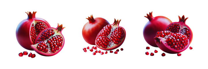 Wall Mural - Set of a whole pomegranate and one pomegranate has been cut, illustration, isolated over on transparent white background