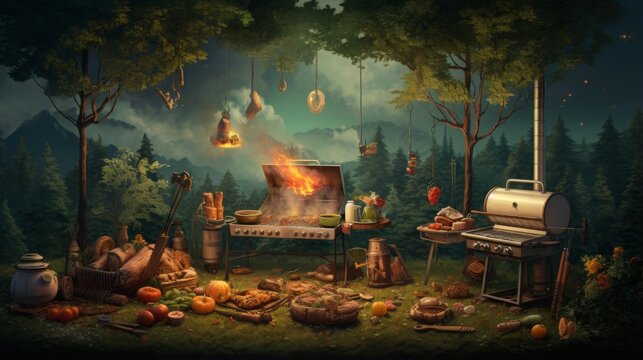 A whimsical depiction of a feast with various foods being grilled in a magical forest setting, depicting a fantasy outdoor cooking scenario