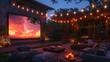 Outdoor Home Theater with Comfy Seating and String Lights, generative ai