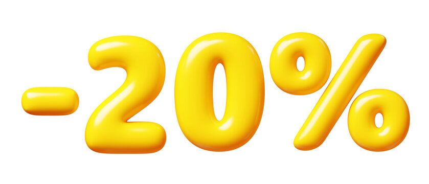 Balloon number minus twenty percent sign for sale concept. 3d render illustration