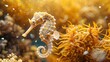 © vanilnilnilla - Graceful Golden Seahorse Gliding Through Vibrant Coral Reef in Shimmering Ocean Backdrop