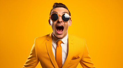 man with glasses on yellow background