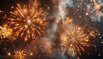 close-up of vivid orange and yellow fireworks exploding in the night sky, creating a dazzling light 
