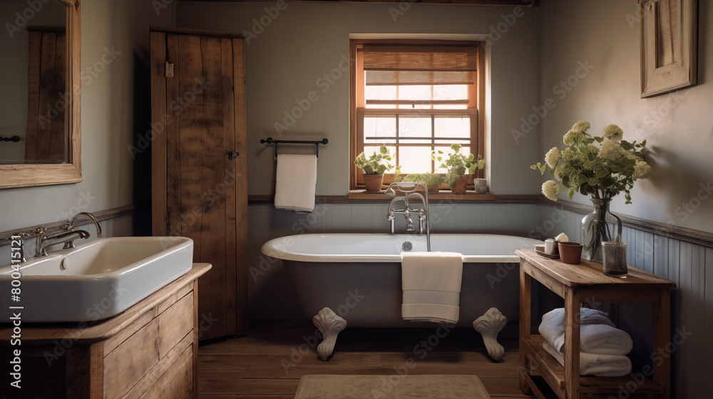 Farmhouse rustic interior design of modern bathroom.