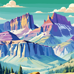 Canvas Print - Mountains landscape background, banner. The mountains are covered in snow and the sky is blue. Vector colorful cartoon illustration.