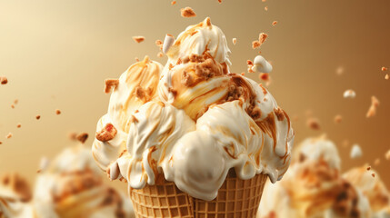 Wall Mural - Brown caramel ice cream with melty ingredients, dessert food background