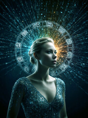 Wall Mural - astrology concept with beautiful woman and horoscope with all zodiac signs and cosmic rays of light,