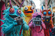 A group of cute colorful alien monster tourists are on the street in a big city. Holding a vintage photo camera
