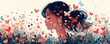 © Влада Яковенко - Panoramic illustration of woman surrounded by romantic hearts and butterflies. Valentines Day vintage style