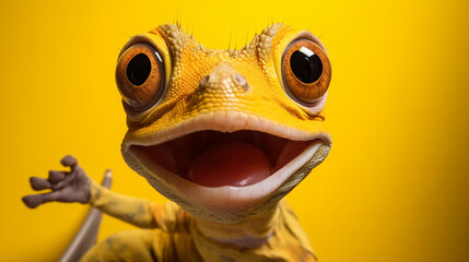 close up of a head of a yellow garden lizard