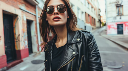 Wall Mural - Stylish Urban Woman Wearing Leather Jacket and Sunglasses