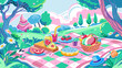 Vibrant Summer Picnic Scene in Candy-Colored Fantasy Landscape