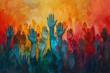 Poster - A symbolic illustration of hands reaching upwards, blending into a rainbow of colors that represents diversity and inclusivity,