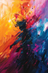 Poster - A vibrant abstract painting of figures dancing in a circle, their movements creating waves of colors that signify energy and harmony,
