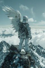 Poster - A surreal artwork of a human with bird wings standing atop a mountain, gazing into the distance, symbolizing the vision of a free future,