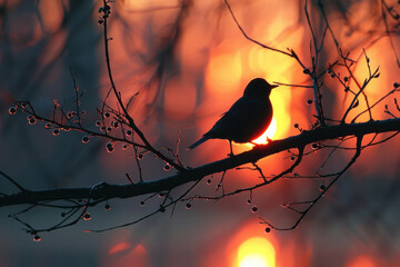 Poster - A poetic silhouette of a bird at sunset, its reflection forming an olive branch, symbolizing peace and freedom,