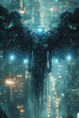 Poster - A futuristic portrayal of robotic wings breaking free from chains, blending technology and human desire for freedom,