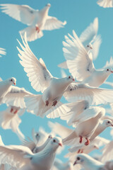 Poster - A digital art piece depicting white doves ascending against a clear blue sky, illustrating freedom from violence,