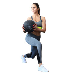 Beautiful young sports woman is working out with medicine ball on a transparent background