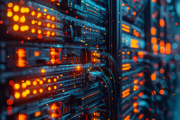 Poster - A background showing the inner workings of a computer network, with routers and servers visually connected,