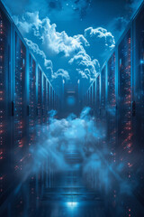 Poster - A visualization of cloud computing infrastructure, with data centers and storage units interconnected,